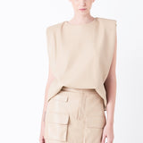 Shoulder Padded Faux Leather Top