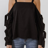 Cold Shoulder Top with Tied Ribbon Sleeve