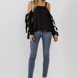 Cold Shoulder Top with Tied Ribbon Sleeve