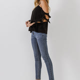 Cold Shoulder Top with Tied Ribbon Sleeve