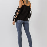 Cold Shoulder Top with Tied Ribbon Sleeve