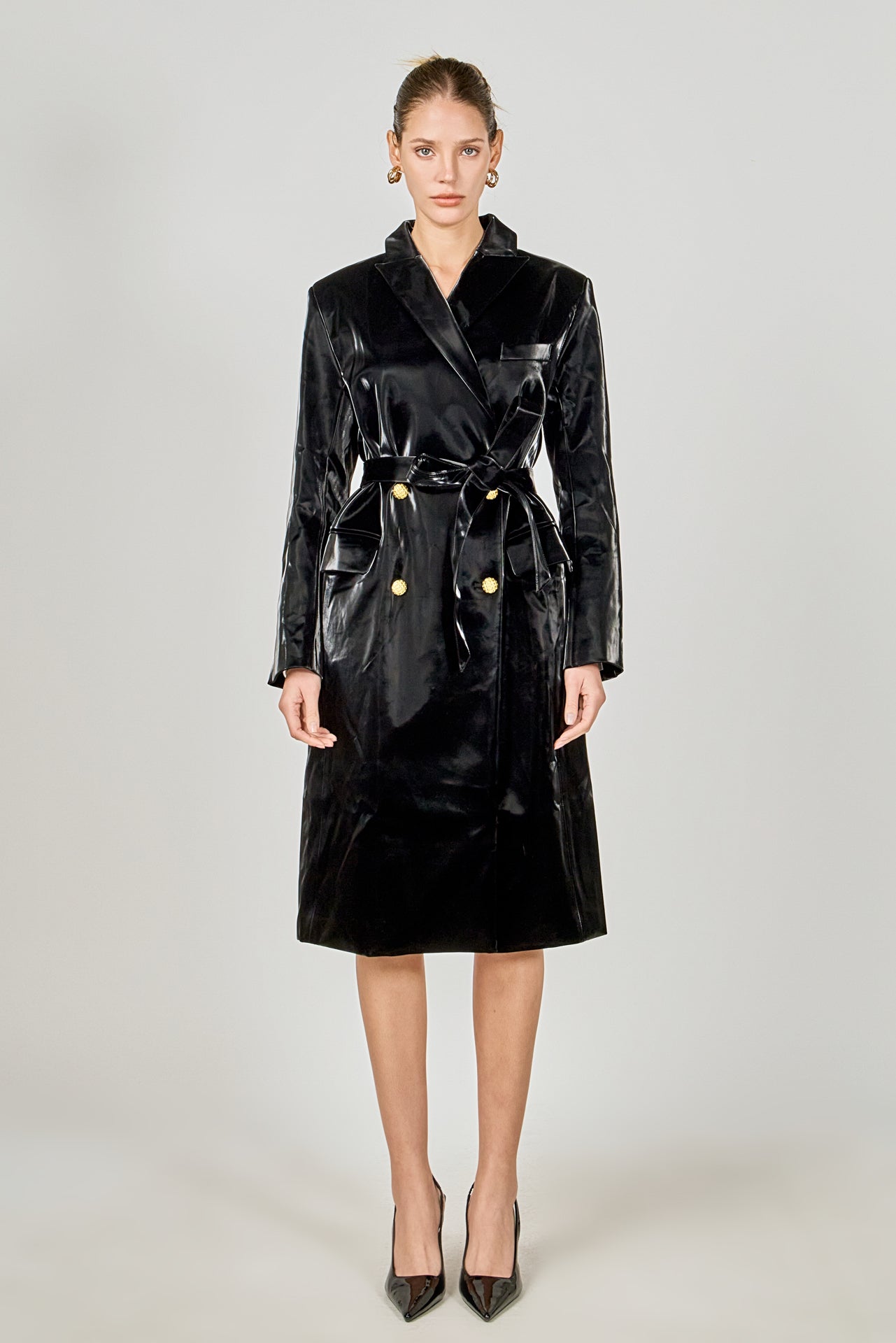 Endless Rose - Shiny Faux Leather Trench Coat Black / M Endless Rose - Shiny Faux Leather Trench Coat Black / M