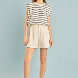 Stripe Sleeveless Pleated Knit Top