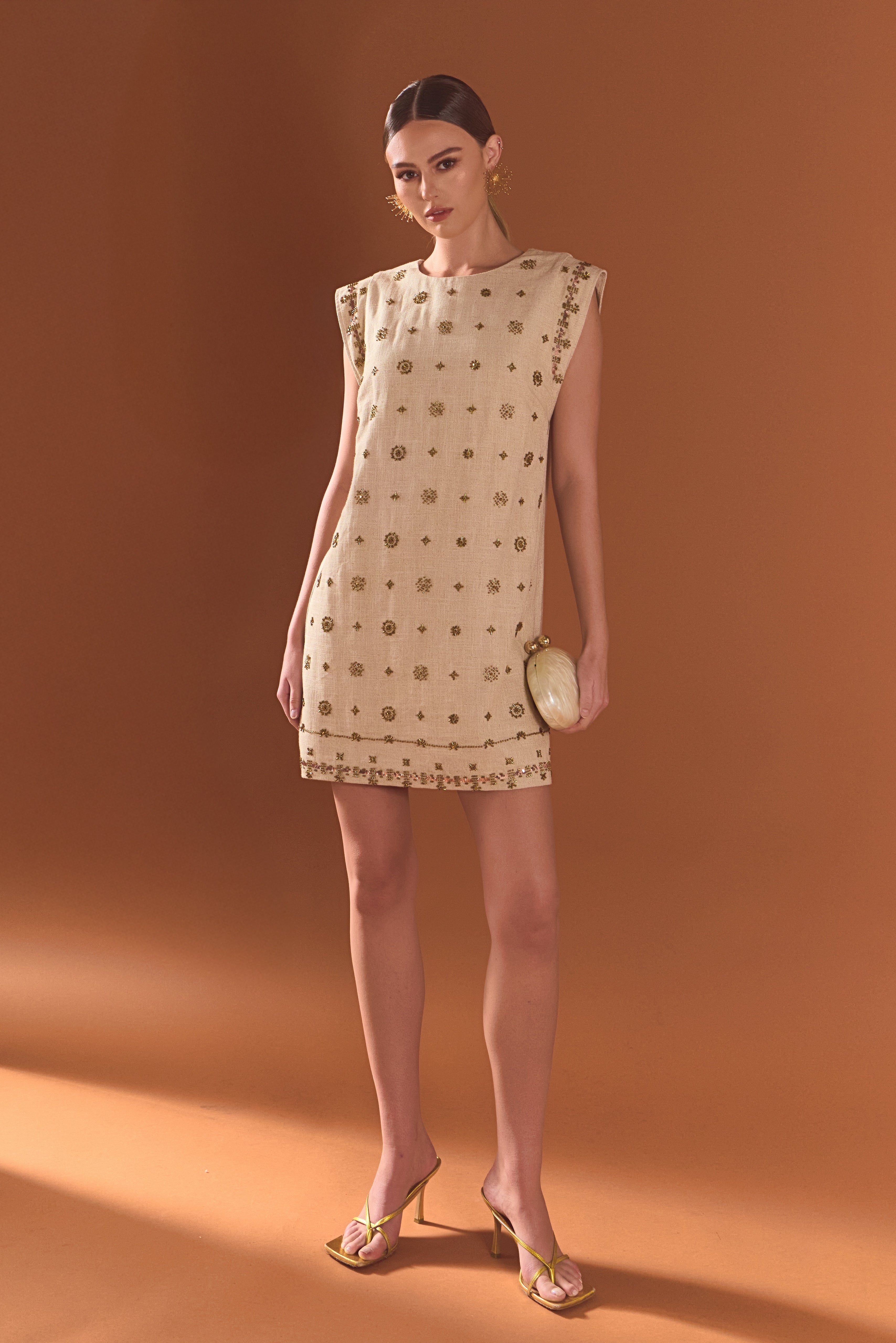 embroidered beaded mini dress ASOS Embroidered Beaded Mini Dress Cotton Cream Sleeveless Button Down US 8