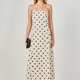 Polka Dot Linen Strapless Midi Dress