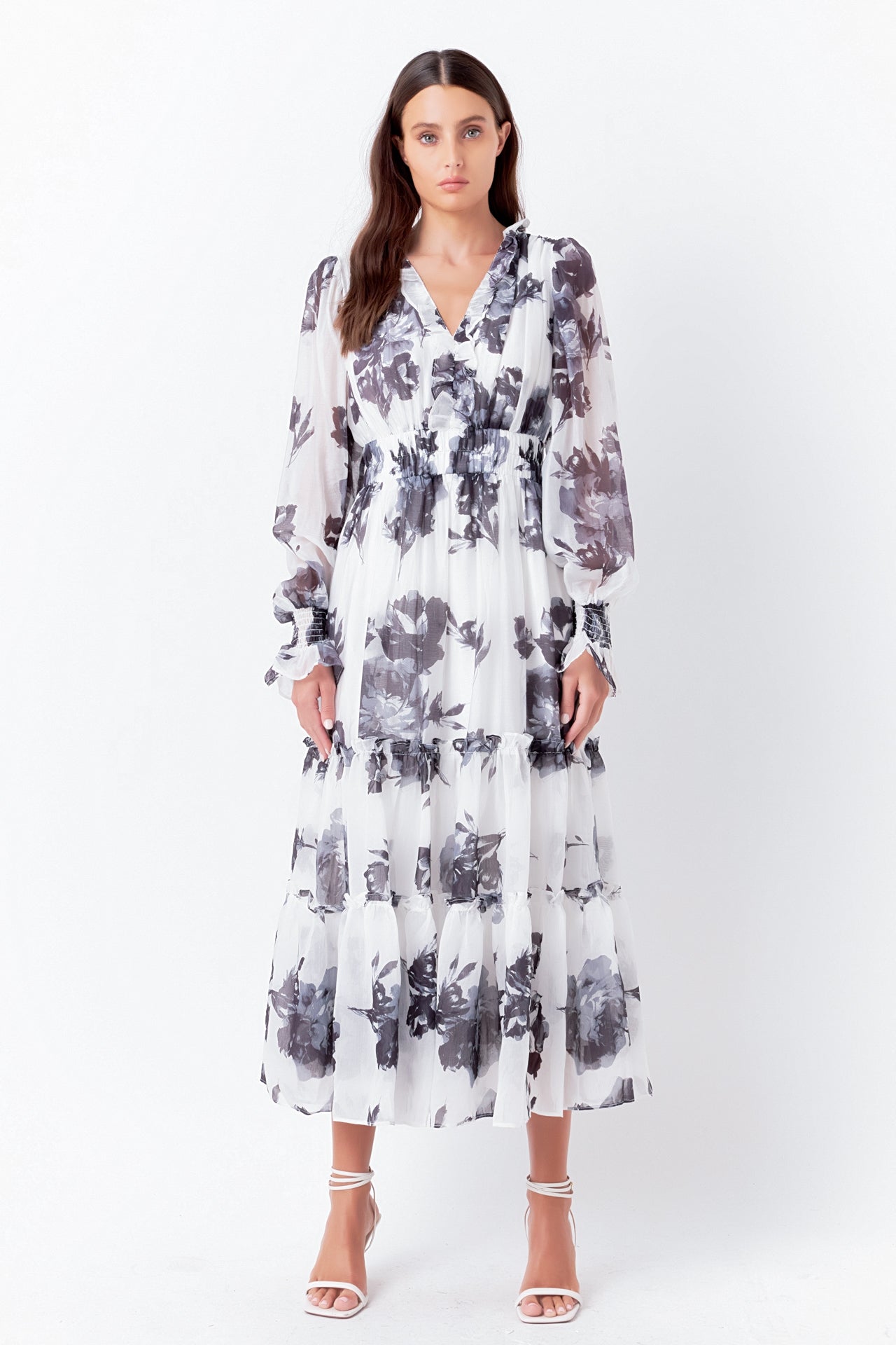 Monotone Floral Print Midi Dress
