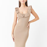 Ruffle Neckline Midi Slit Dress