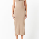 Ruffle Neckline Midi Slit Dress