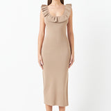 Ruffle Neckline Midi Slit Dress