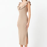 Ruffle Neckline Midi Slit Dress