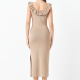 Ruffle Neckline Midi Slit Dress