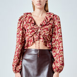 Crinkled Floral Center Cutout Blouse