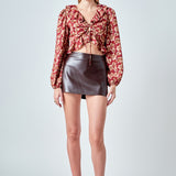 Crinkled Floral Center Cutout Blouse