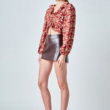 Crinkled Floral Center Cutout Blouse
