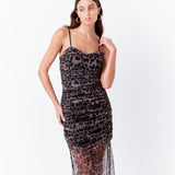 Ruched Mesh Asymmetrical Midi Dress