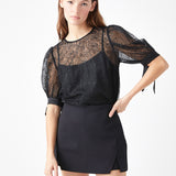 Embroidered Puff Sleeve Satin Bow Top