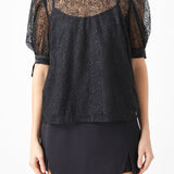 Embroidered Puff Sleeve Satin Bow Top