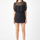 Embroidered Puff Sleeve Satin Bow Top