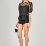 Embroidered Puff Sleeve Satin Bow Top