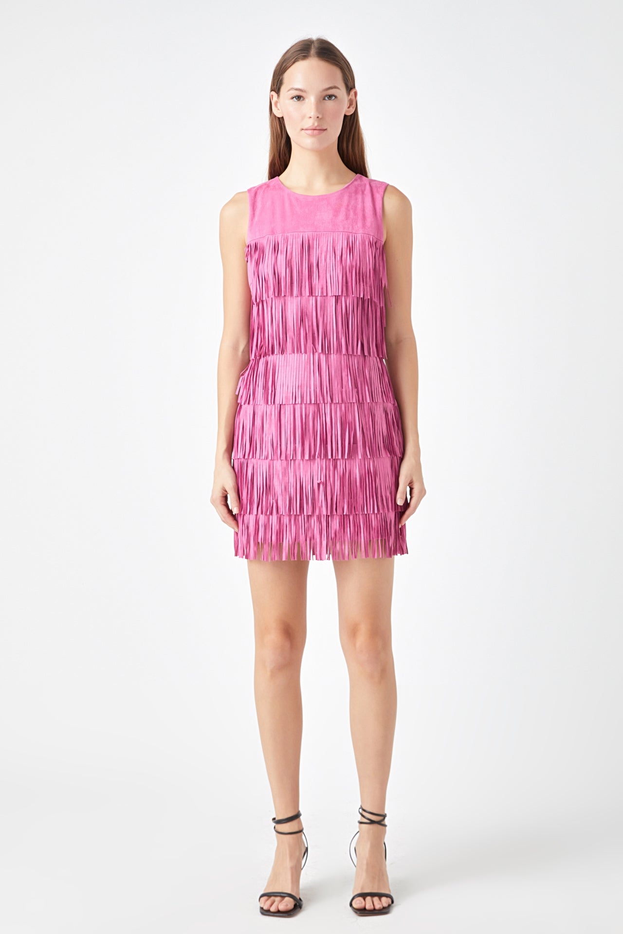 Endless Rose - Tiered Faux Suede Fringe Mini Dress Pink / XS Endless Rose - Tiered Faux Suede Fringe Mini Dress Pink / XS