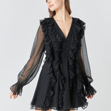 Chiffon Long-Sleeve Ruffle Mini Dress