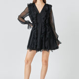 Chiffon Long-Sleeve Ruffle Mini Dress