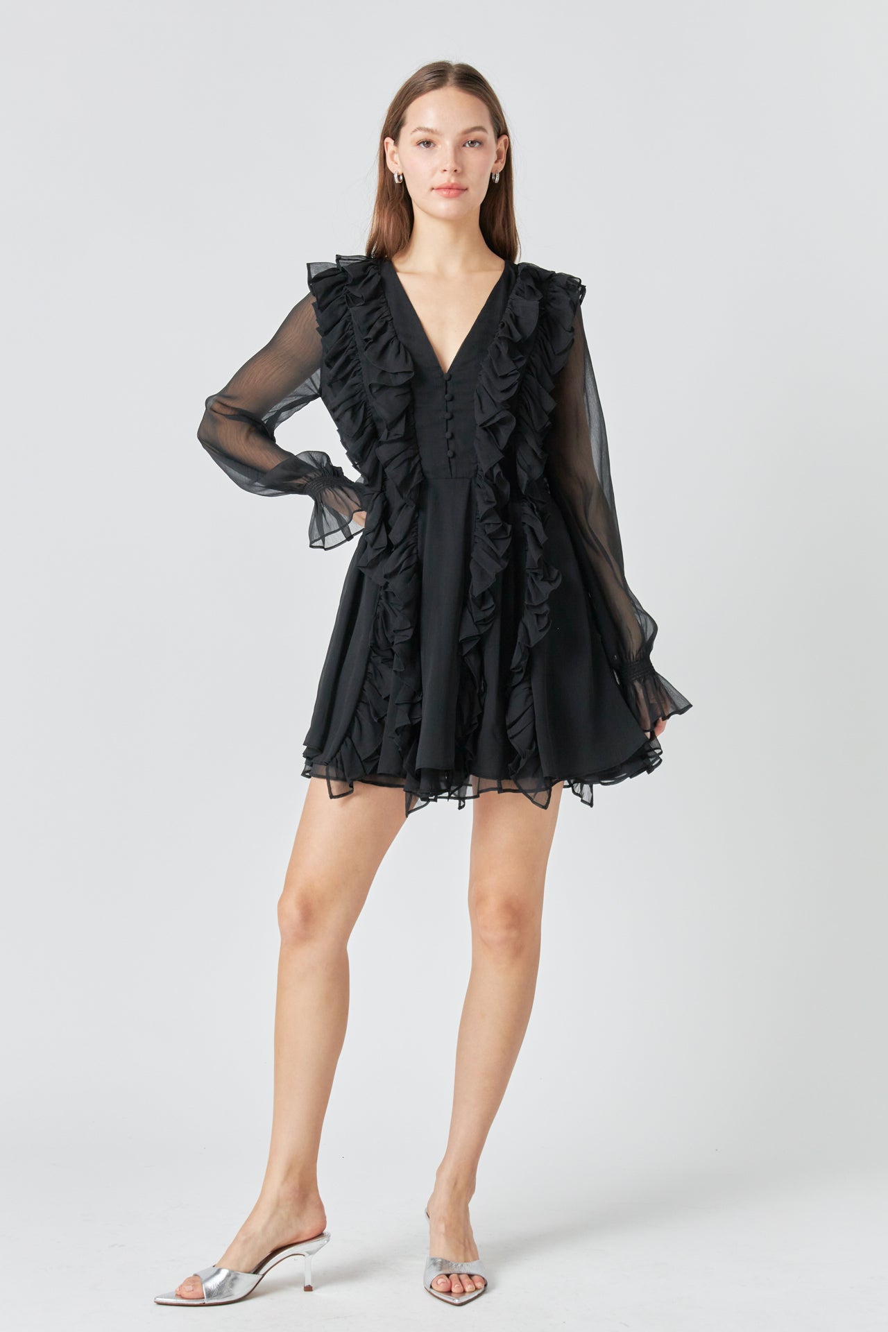 Chiffon Long-Sleeve Ruffle Mini Dress