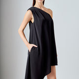 Shoulder Pintucked Asymmetrical Mini Dress