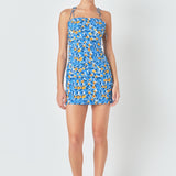 Floral Print Textured Fitted Mini Dress