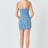 Floral Print Textured Fitted Mini Dress