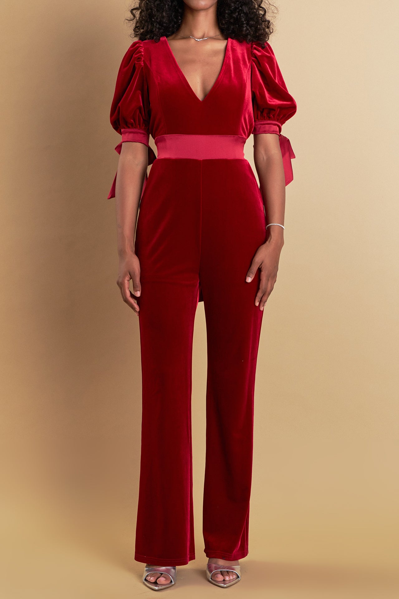 Bow Tie Sleeve Velvet Jumpsuit - Endless Rose