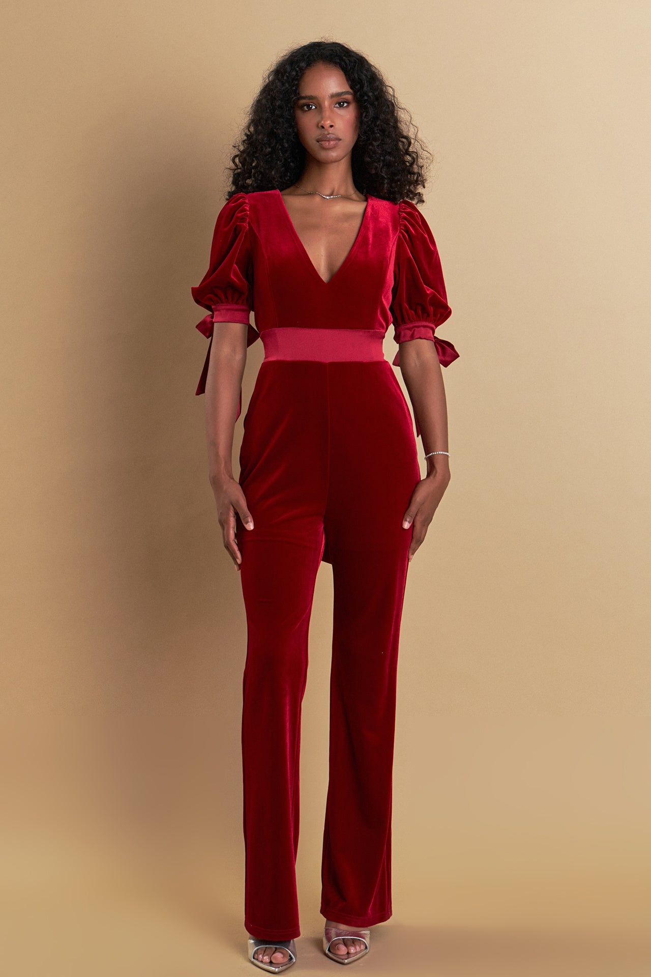 Bow Tie Sleeve Velvet Jumpsuit – Endless Rose - Main Image