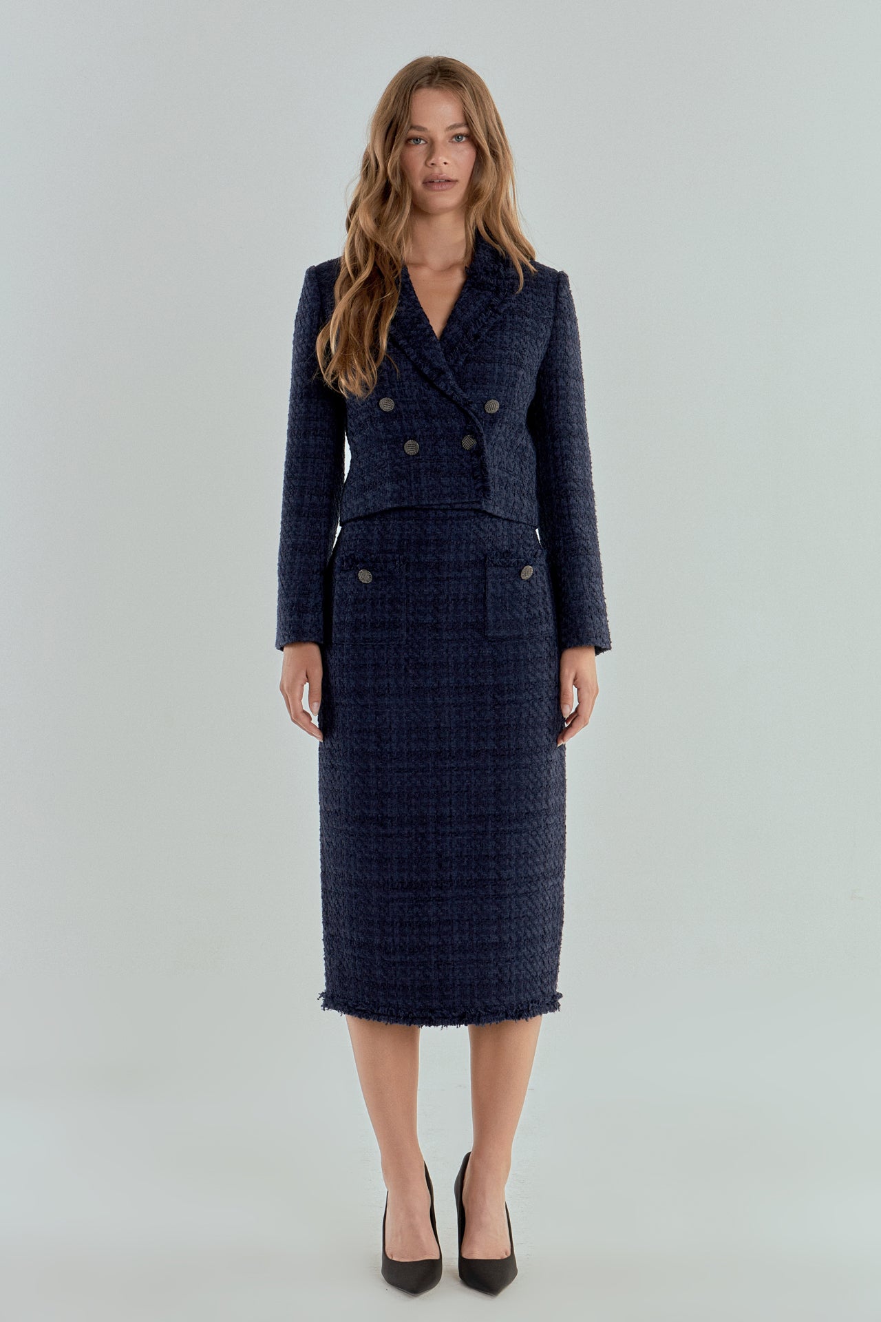 Boucle Tweed Trimmed Midi Skirt Endless Rose Boucle Tweed Trimmed Midi Skirt Endless Rose