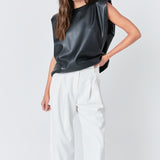 Shoulder Padded Faux Leather Top