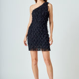 Mesh Trimmed One Shoulder Mini Dress