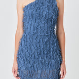 Mesh Trimmed One Shoulder Mini Dress