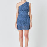 Mesh Trimmed One Shoulder Mini Dress