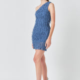 Mesh Trimmed One Shoulder Mini Dress