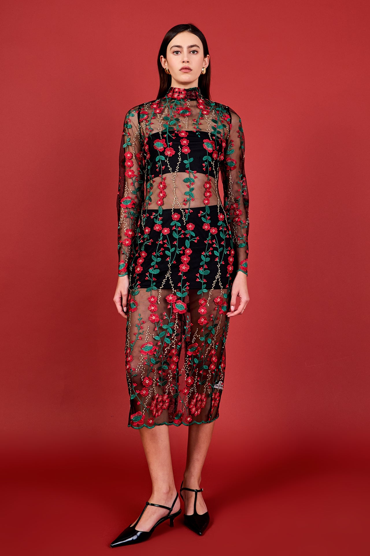 Endless Rose - Floral Embroidered Midi Dress RED MULTI / M Endless Rose - Floral Embroidered Midi Dress RED MULTI / M