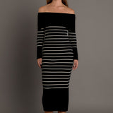 Off Shoulder Fold Striped Maxi Dress