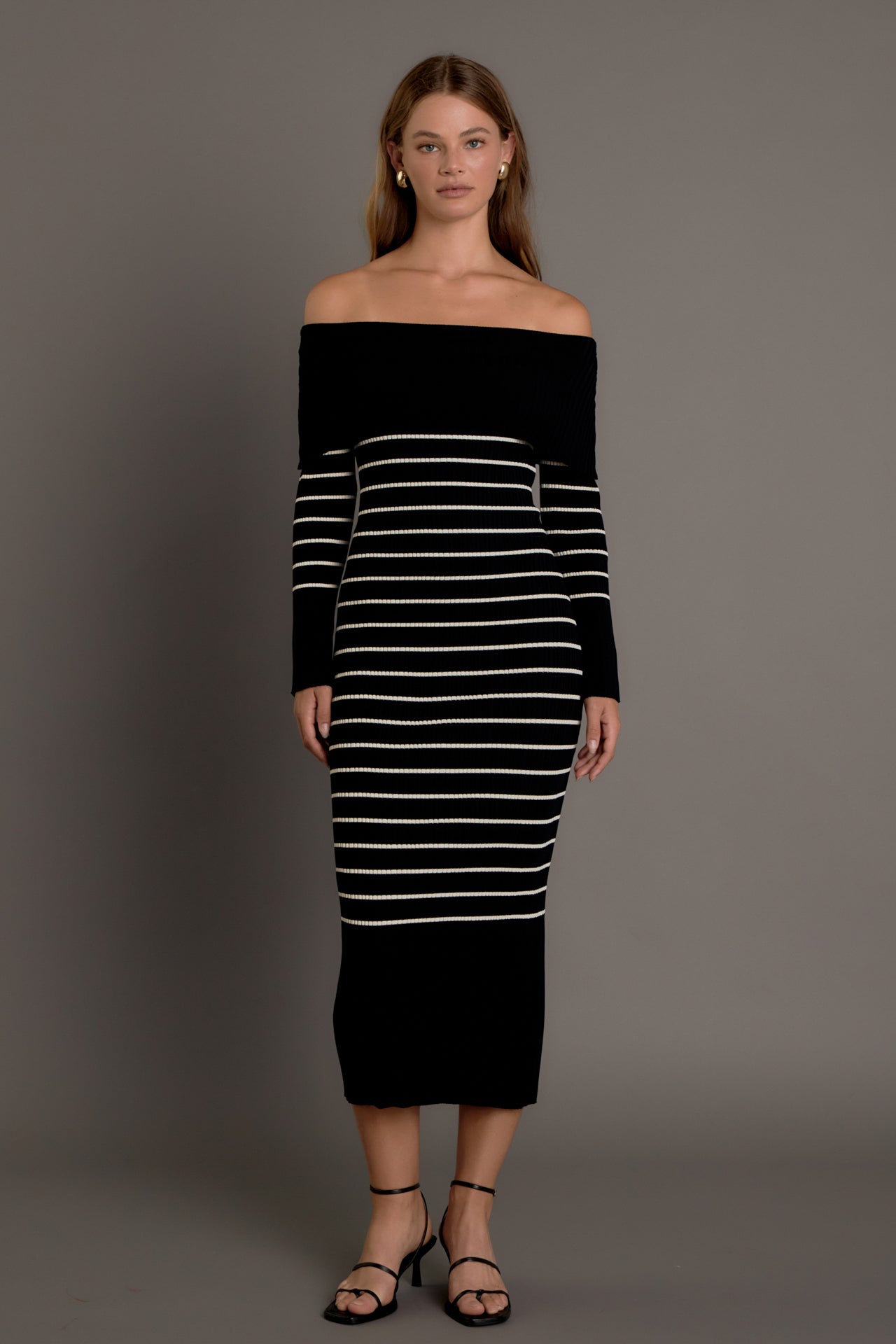 Endless Rose - Off Shoulder Fold Striped Maxi Dress BLACK/NUDE / XS Endless Rose - Off Shoulder Fold Striped Maxi Dress BLACK/NUDE / XS