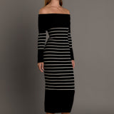 Off Shoulder Fold Striped Maxi Dress
