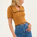 Short Puff Sleeve Scalloped Knit Top