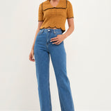 Short Puff Sleeve Scalloped Knit Top