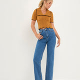 Short Puff Sleeve Scalloped Knit Top