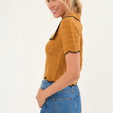 Short Puff Sleeve Scalloped Knit Top