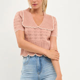 Short Puff Sleeve Scalloped Knit Top