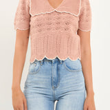 Short Puff Sleeve Scalloped Knit Top