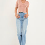 Short Puff Sleeve Scalloped Knit Top