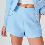 Romy Chain Embellished High Waisted Tweed Shorts